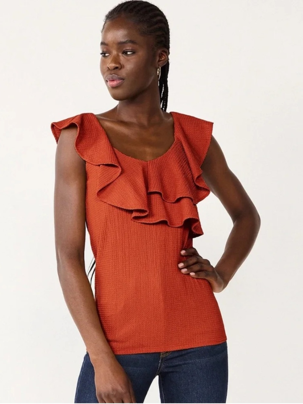 Nine West Rust Orange Ruffled Sleeveless Textured Knit Top